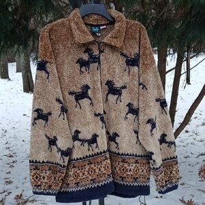 Mazmania Horse Fleece Jacket Sz L Sherpa Western Cowgirl